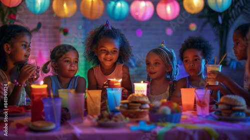 A group of cute children enjoying a colorful birthday party with lanterns, snacks, and drinks on the table.