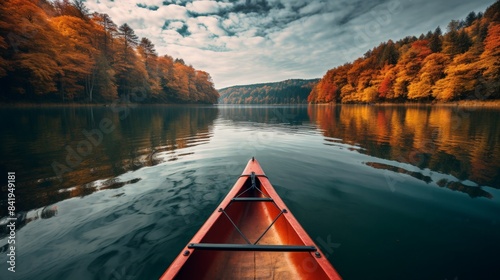 Red canoe navigating a tranquil lake surrounded by autumn foliage, under a partly cloudy sky, capturing the serene beauty of fall.