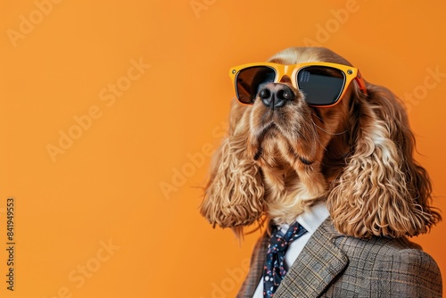 A cocker spaniel dog wearing sunglasses and a suit and tie on an orange background.