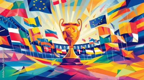 football trophy surrounded by flags of participating countries