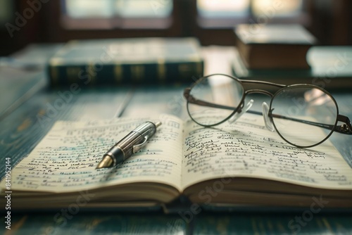 A psychologist notepad with a pen a pair of glasses and a book on human behavior on a desk representing the study of psychology