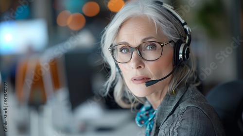 Porträt einer fröhlich lächelnden reifen Frau mit grauen Haaren und Brille, die ein Headset trägt, modernes Büro. Call-Center, professionelle Unterstützung, Online-Ausbildung für ältere Menschen