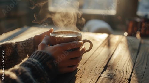 The close up picture of the person is holding the cup of the coffee by their own hand that has been rest on the table made from wood in the cozy warm feel inside the room for the relaxation. AIG43.