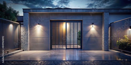 Aluminum sliding door leading to a modern grey home with a gray gate in a suburban neighborhood , aluminum, sliding door, grey, home, gray gate, suburb, house, high portal, modern