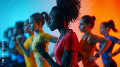 Focused women in vibrant sportswear participating in an intense indoor fitness class under dynamic lighting.