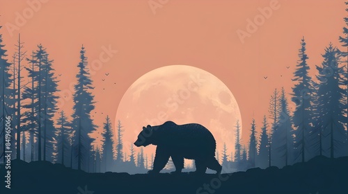 Minimalist of a Bear Traversing Forested Landscape