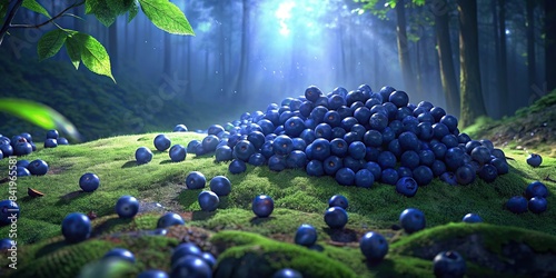 Ripe blueberries scattered on moss-covered ground, juicy, fresh, organic, wild, ripe, blue, berries, fruit, sweet, healthy, nature, forest, green, moss, ground, plant, natural, outdoors