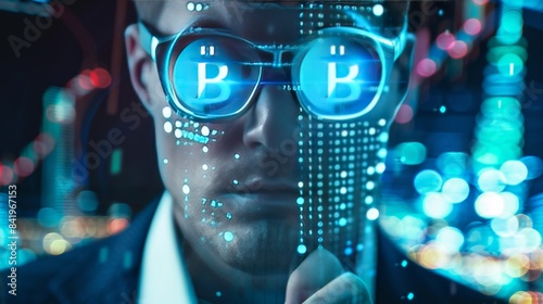 A man wearing glasses with a digital display of binary code and the letter "B" looks at the camera.