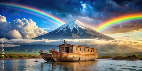 The ark, a weathered vessel, rests atop Mount Ararat, the floodwaters receding below. A vibrant rainbow arches across the sky