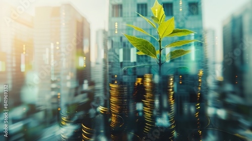 Growing business concept, money and plant growing from seed on stack of golden coins with blur city background.