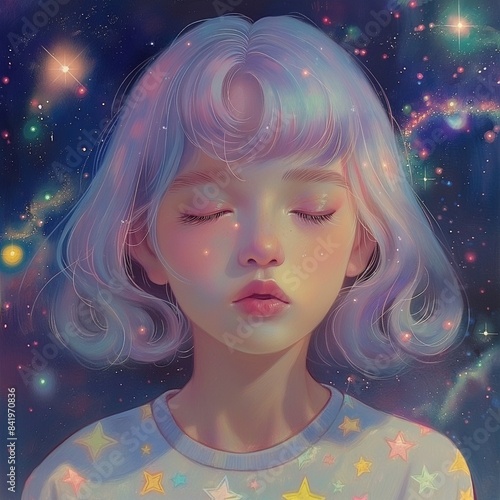 Una chica con los ojos cerrados y el pelo de tono lila