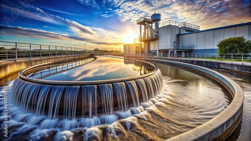 A sleek, modern wastewater treatment plant with a dramatic waterfall cascading from a towering pipe, showcasing the clean water flowing out of the facility, modern wastewater treatment plant