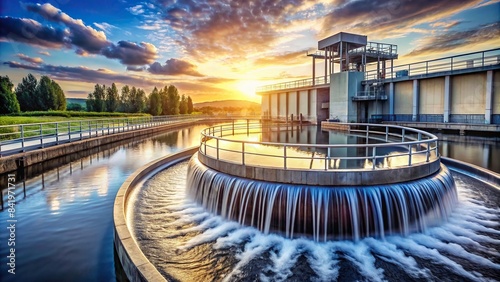 A sleek, modern wastewater treatment plant with a dramatic waterfall cascading from a towering pipe, showcasing the clean water flowing out of the facility, modern wastewater treatment plant