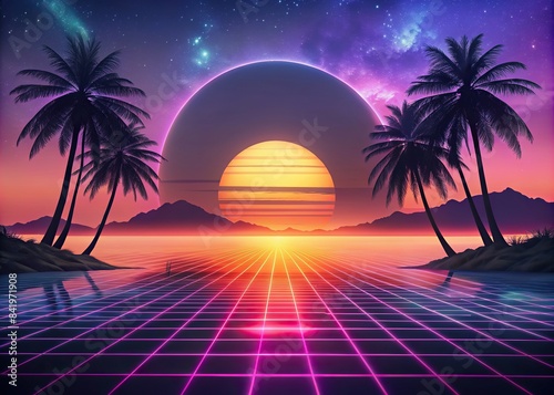 Retro 80s style sunset with palm trees on a beach , 80s, sunsets, palm trees, beach, retro, nostalgia, vintage, tropical, vibrant, colors, silhouette, summer, exotic, paradise, design