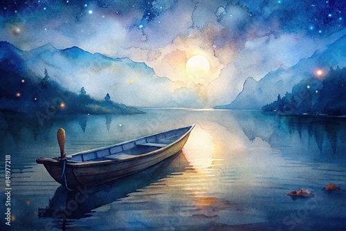 Watercolor painting of a canoe on the water , canoe, watercolor, painting, art, boat, nature, reflection, lake, peaceful, serene, landscape, water, paddle, nautical, outdoors, scenic