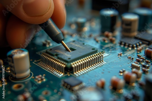 Soldering iron on microchip on PCB