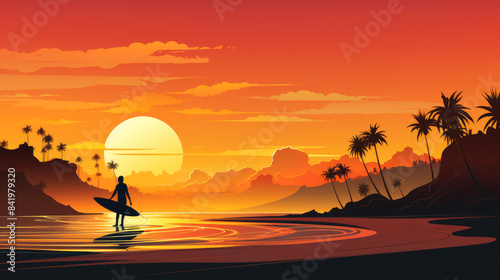 generated illustration of a surfer's silhouette against a vibrant sunset, highlighting the sport on International Surfing Day.