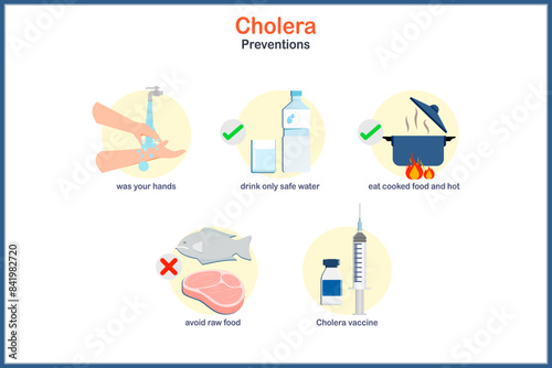 Medical illustration concept in flat style of cholera, cholera prevention. Eat cooked food, avoid raw meat, raw seafood. Drink clean water Wash your hands often with soap and water and cholera vaccine