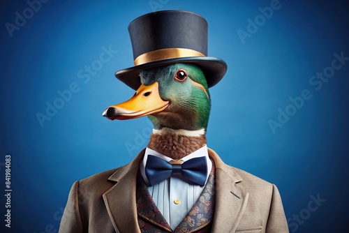 A dapper mallard duck, sporting a top hat adorned with a miniature feathered plume, a velvet waistcoat with intricate embroidery