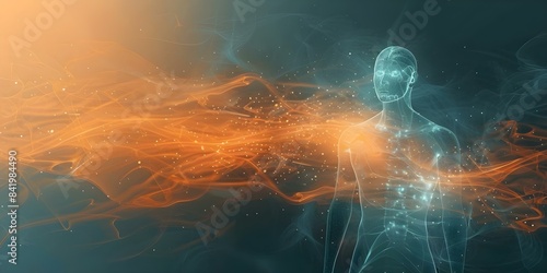 Abstract glowing human figure representing consciousness and spiritual life in astral body. Concept Spiritual Enlightenment, Astral Projection, Consciousness Exploration, Glowing Figures