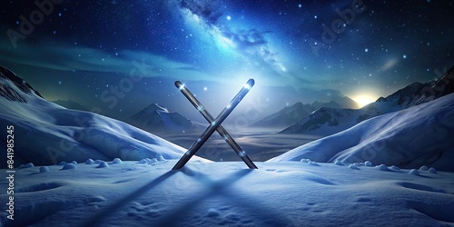 Photo of crossed skis and sticks against snowy landscape, winter sports, skiing, snowboarding, cold, frosty, recreation, outdoors, adventure, equipment, gear, snowy mountains
