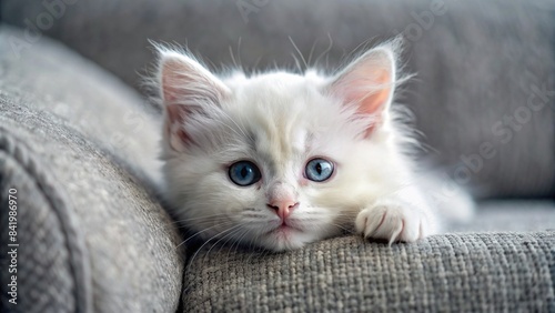 A fluffy white kitten with bright blue eyes lies curled up on a plush gray sofa, its paws tucked beneath its chin, looking peacefully asleep, kitten, cat, fluffy, white, blue eyes, sofa, gray