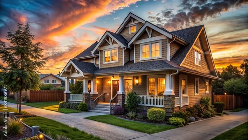 The last rays of the day cast a warm glow on a Craftsman-style house, its muted ochre paint glowing with the fading light, while the suburban street sleeps