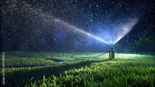 Automatic watering system spraying water onto lush green lawn , automated, irrigation, technology, garden, automation, watering, grass, sprinkler, maintenance, eco-friendly, sustainable