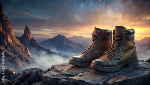 Close-up of person in brown hiking boots on rocky surface with mountainous landscape in background, hiking, boots, outdoors, adventure, nature, exploration, rocks, mountains, wilderness