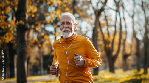 Um idoso vibrante, vestindo roupas esportivas, corre alegremente em um parque pitoresco, perdido em sua música favorita tocando em seus fones de ouvido