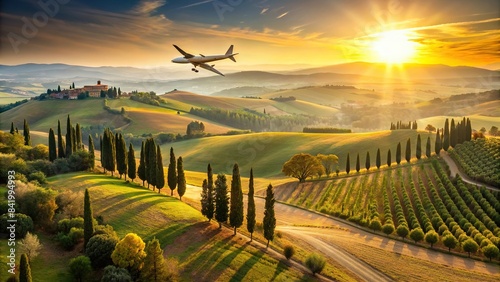 An airplane descends over rolling Tuscan hills, the setting sun casting long shadows on cypress trees and vineyards, creating a breathtaking panorama of golden light and serene beauty