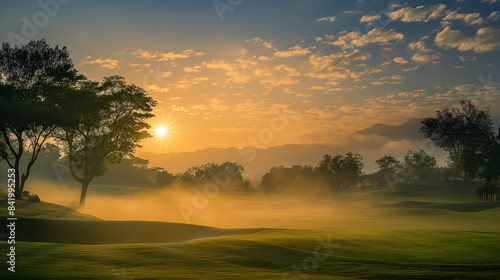 Nascer do sol tranquilo em um campo de golfe