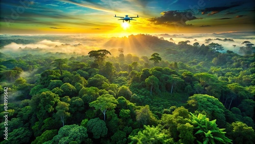 AI generated beautiful green Amazon forest landscape at sunset sunrise adventure explore air drone view vibe, Amazon, forest, green, landscape, sunset, sunrise, adventure, explore, air, drone