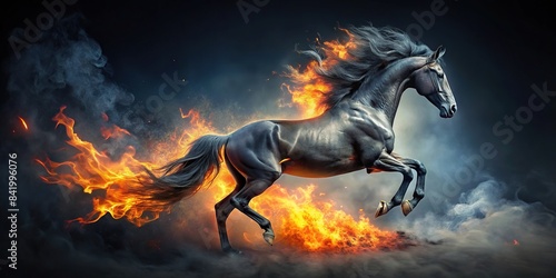 A spectral black stallion bursts from a raging inferno, its mane and tail composed of dancing flames, hooves leaving trails of smoke and embers, dark horse, ghost horse, fire horse