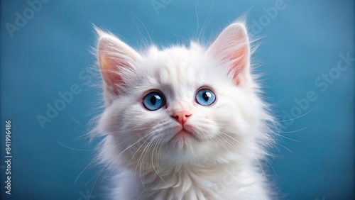 A fluffy, white kitten with bright blue eyes gazes upwards with a playful expression, its tiny pink nose twitching, as if pondering a mischievous adventure, kitten, cat, playful, funny, cute