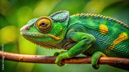 A vibrant green chameleon with bright yellow eyes perches on a slender branch, its prehensile tail curled around the wood, as it carefully observes its surroundings, chameleon, branch