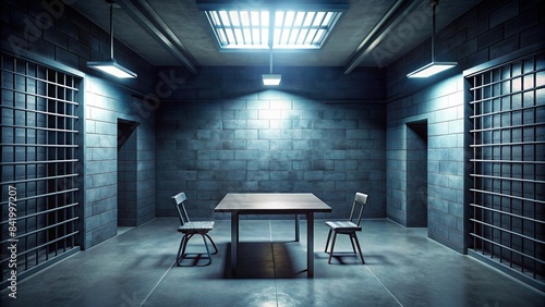 Dark, sinister interrogation room in a jail setting , Jail, interrogation, dark room, creepy, spooky, horror, prison, interrogation table, handcuffs, chains, dim lighting, mystery, suspense