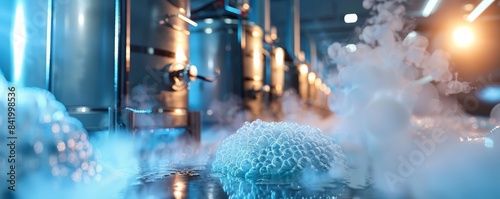 Close-up of cryogenic liquid nitrogen bank holding cell suspension, highly detailed frost and vapor, photorealistic