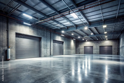Dark underground warehouse with empty concrete garage and low light, abstract grungy room with gray walls, futuristic design, industry, factory, game, futuristic, dark, underground, warehouse