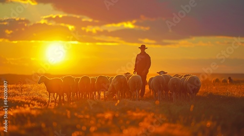 A man is seen herding a flock of sheep at sunset. Suitable for agriculture or nature themes