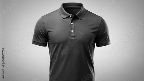 A classic black polo shirt with a subtle sheen, featuring a three-button placket and a ribbed collar. The shirt is tailored for a comfortable and stylish fit, black polo shirt