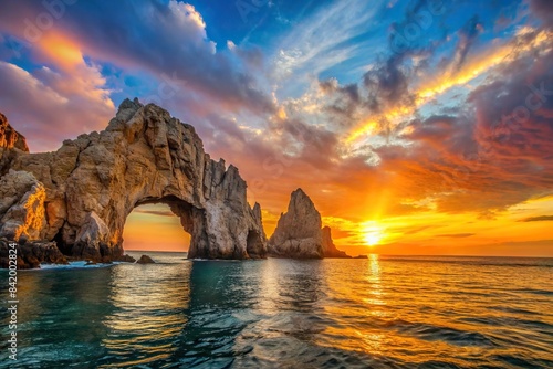 Beautiful sunset over the famous arch at Cabo San Lucas, Mexico, beach, ocean, tropical, vacation, destination, tourism, travel, paradise, coastline, Mexican, landmark, sea, horizon, scenic