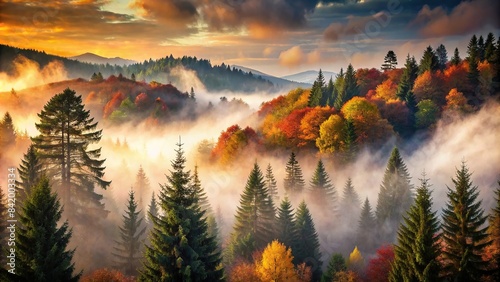 The Black Forest awakens in a mystical embrace, where ethereal fog swirls between ancient fir trees