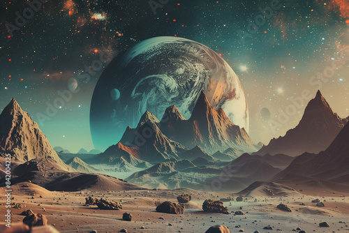 A captivating digital artwork depicting an alien landscape with towering mountains and a gigantic planet looming in the sky, surrounded by stars