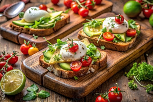 Brunch spread with poached eggs, avocado toast, cherry tomatoes, and microgreens on rustic wooden plates, brunch, poached eggs, avocado toast, cherry tomatoes, microgreens