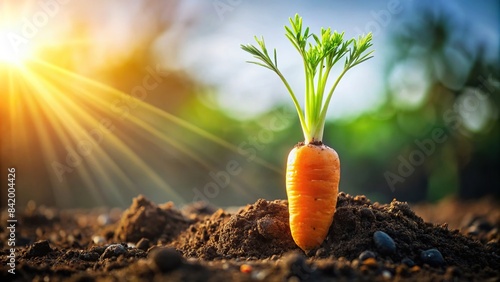 A vibrant orange carrot, its skin glistening with dew, emerges from the dark, fertile soil, bathed in warm sunlight, carrot, organic, farming, natural, fresh produce, agriculture, soil