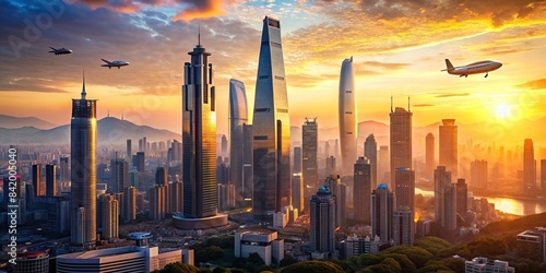 The futuristic cityscape of Seoul is bathed in the warm glow of a setting sun, with towering skyscrapers reaching towards the sky and sleek flying vehicles zipping through the air, Seoul