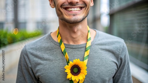 A person wearing a sunflower lanyard, smiling and looking directly at the camera, sunflower lanyard, invisible disability, hidden disability, accessibility, awareness, support, inclusion