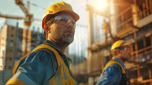 Labor Day, two construction workers in safety gear, urban construction site, midday sun, focused and determined expressions, industrial background with cranes and scaffolding