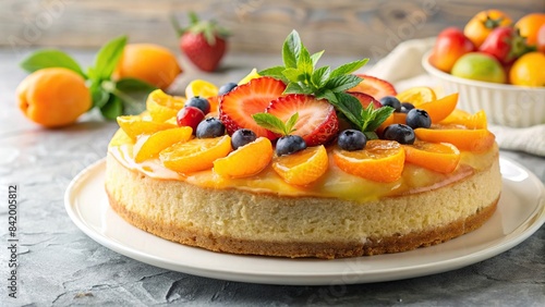 A light and airy almond cake topped with a vibrant medley of fresh fruit and a glistening lemon apricot glaze, almond cake, fresh fruit, lemon apricot glaze, dessert, pastry, bakery, sweet